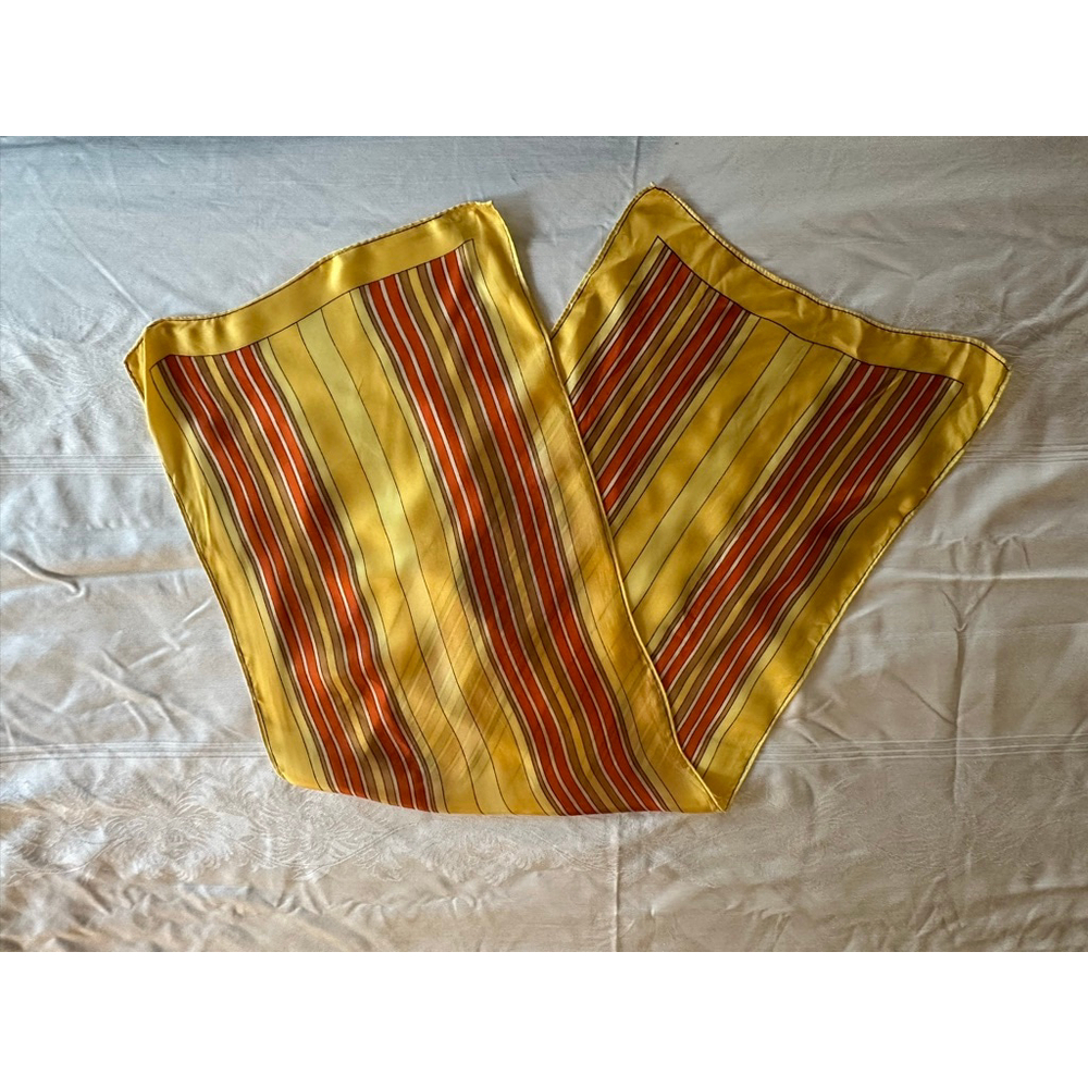 Vintage 1970s Striped Satin Scarf in Mustard Yellow and Burnt Orange | Retro Mod - Picture 2 of 6